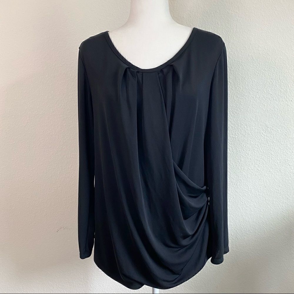 𝅺robert Rodriguez Black Stretchy Natalie Faux Wrap Drape 3/4 sleeve Top L